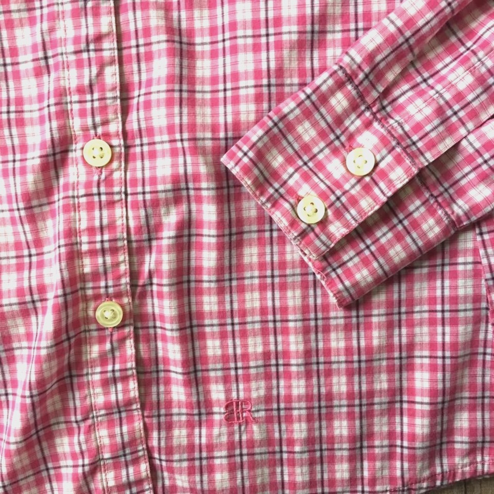 Banana Republic Plaid Oxford Shirt Women XS 0 2 Cotton Button Up Top Pink White - Picture 4 of 5